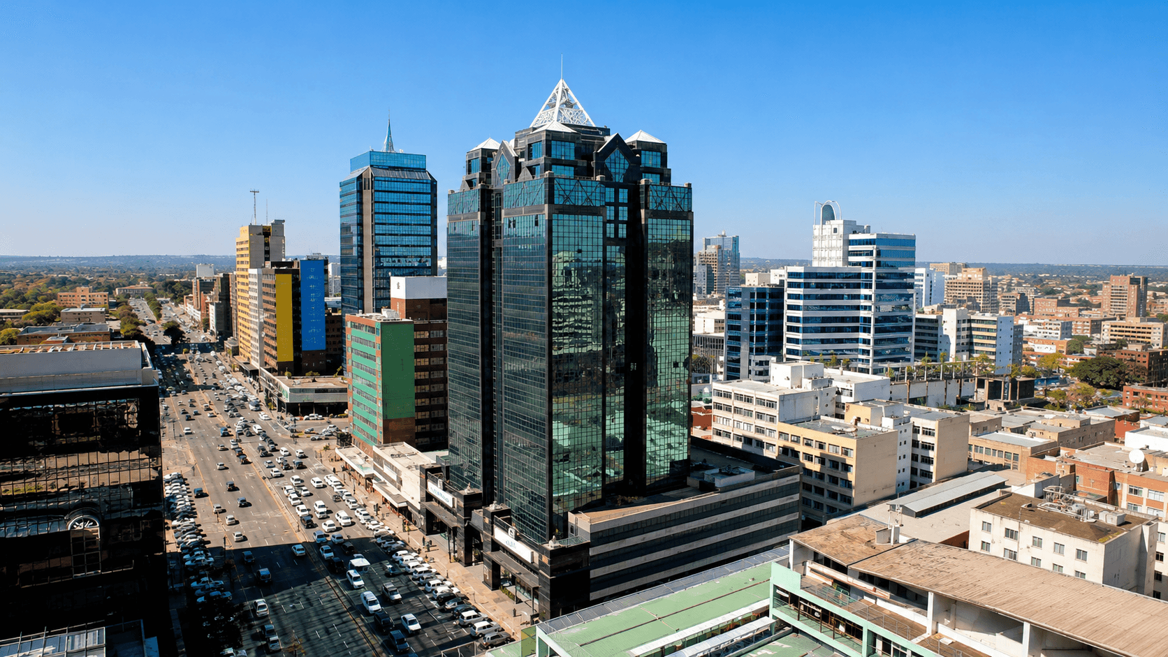 Aerial view over central Harare showing the street grid and rooftops of a council ward